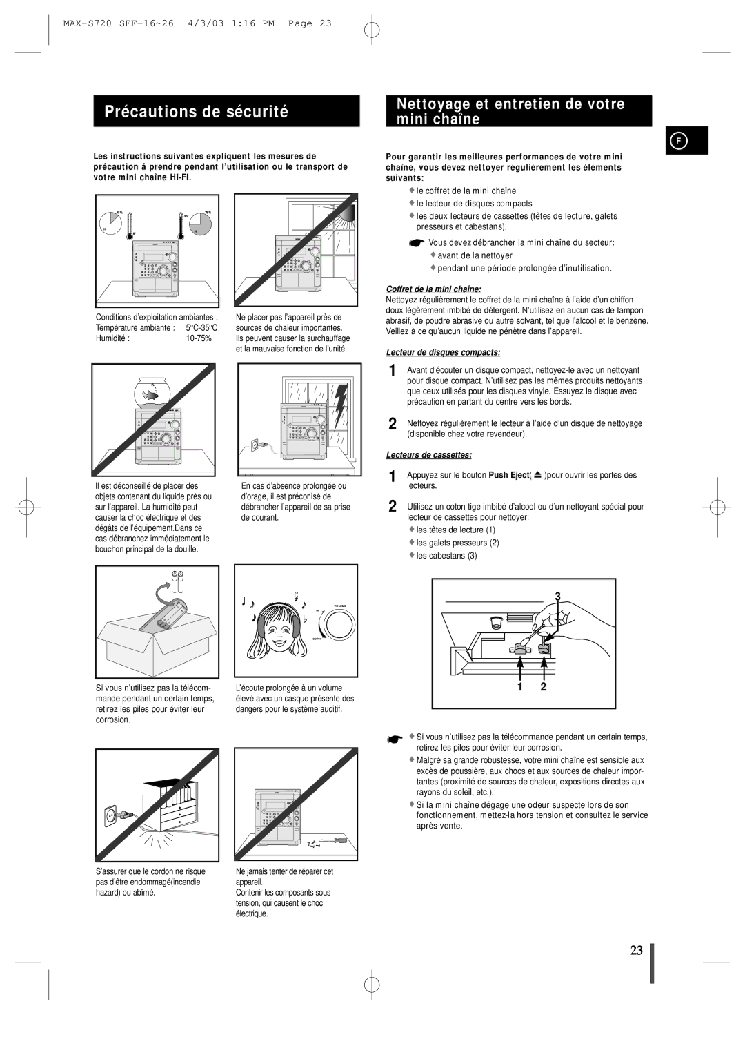 Samsung MAXS725RH/XEF manual Précautions de sécurité, Nettoyage et entretien de votre mini chaîne 