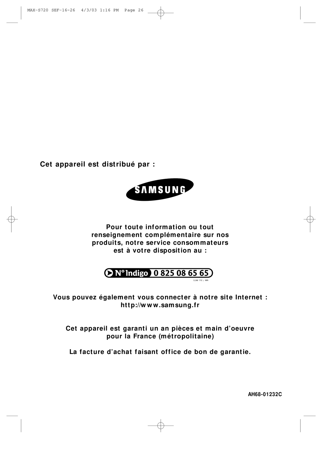 Samsung MAXS725RH/XEF manual Cet appareil est distribué par 