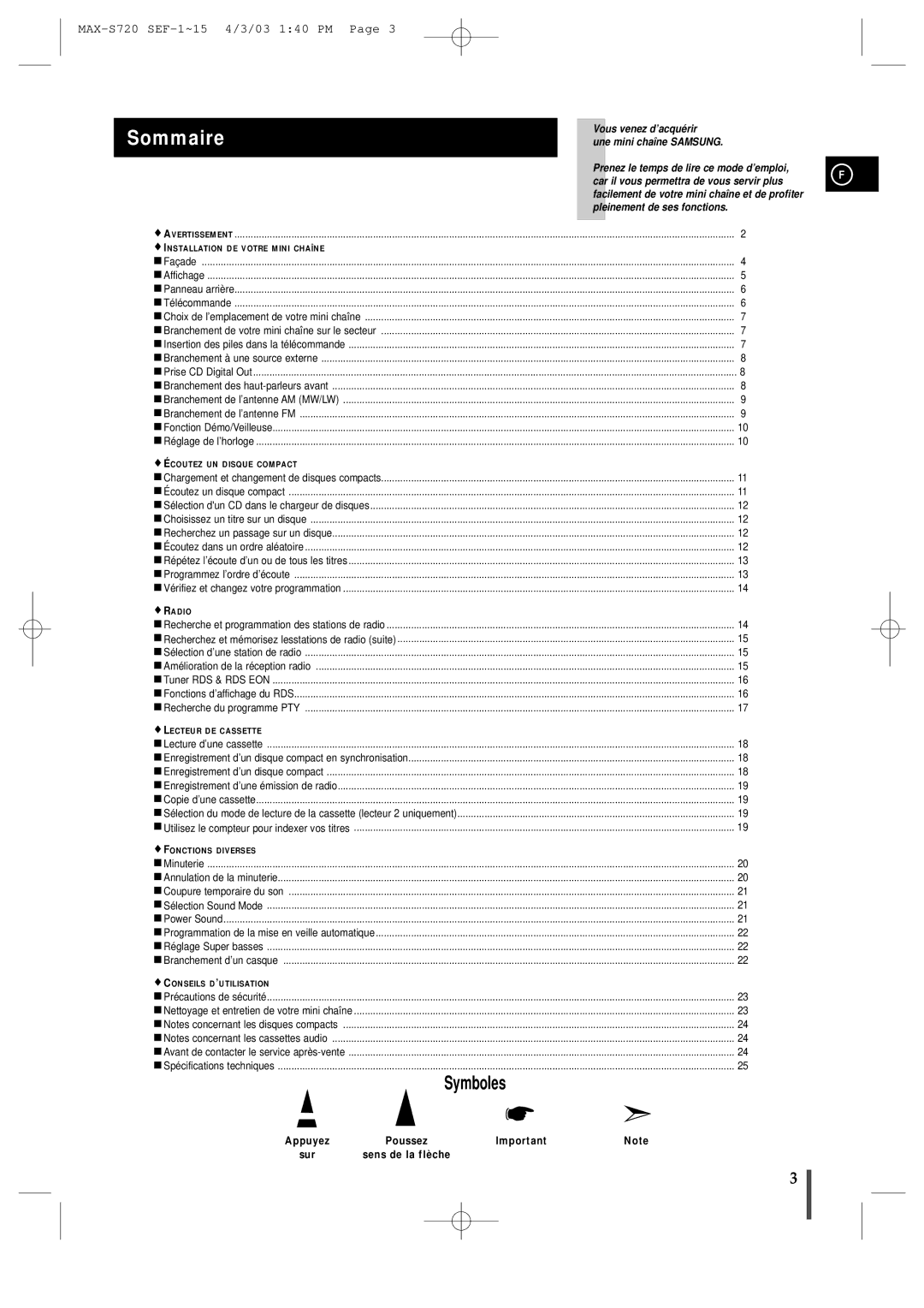 Samsung MAXS725RH/XEF manual Sommaire, Appuyez, Sur Sens de la flèche 