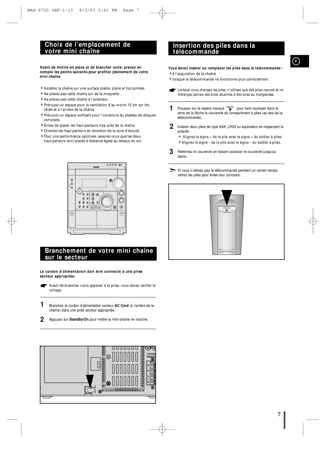 Samsung MAXS725RH/XEF manual Choix de l’emplacement de votre mini chaîne, Branchement de votre mini chaîne sur le secteur 