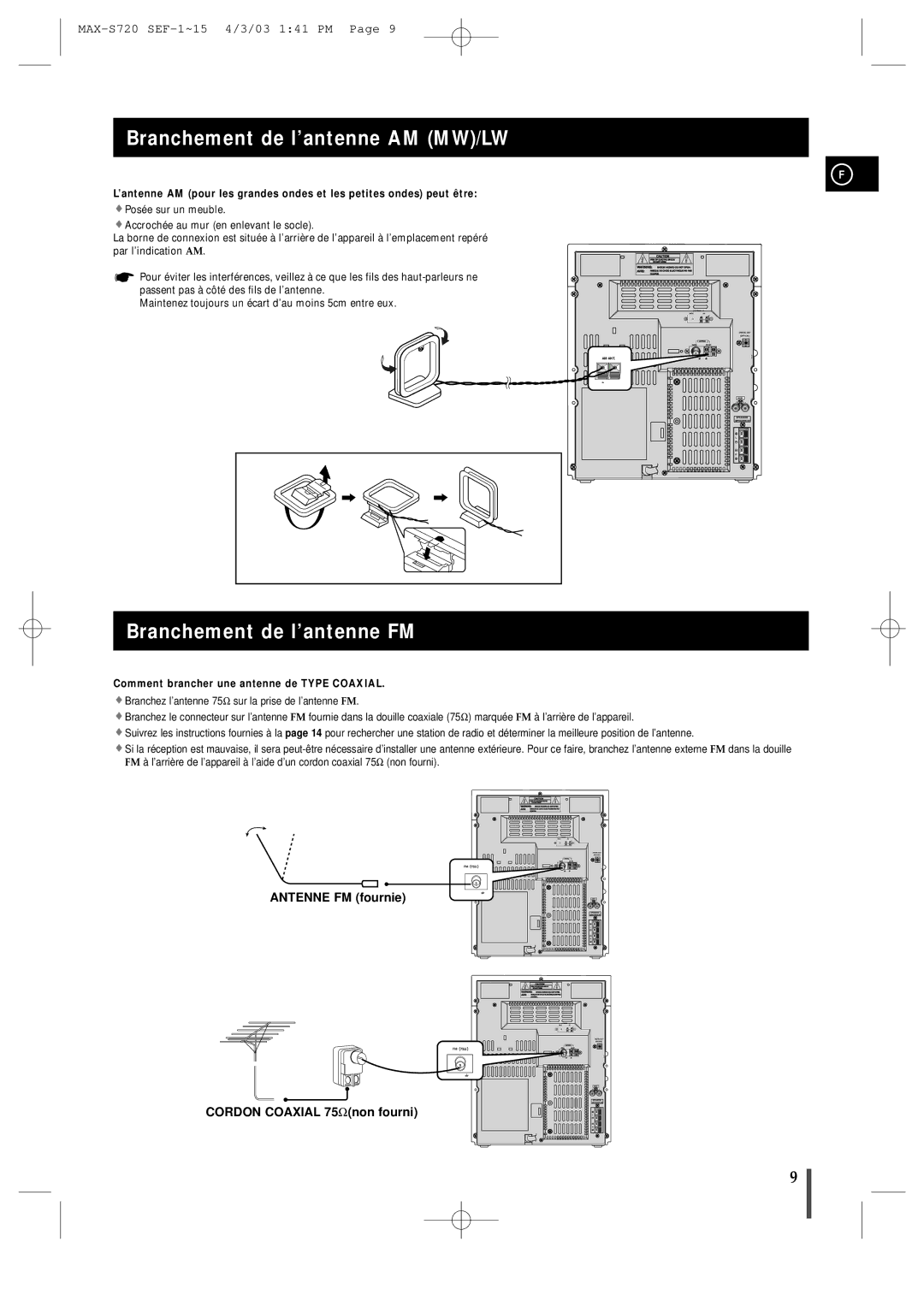 Samsung MAXS725RH/XEF manual Branchement de l’antenne AM MW/LW, Branchement de l’antenne FM 