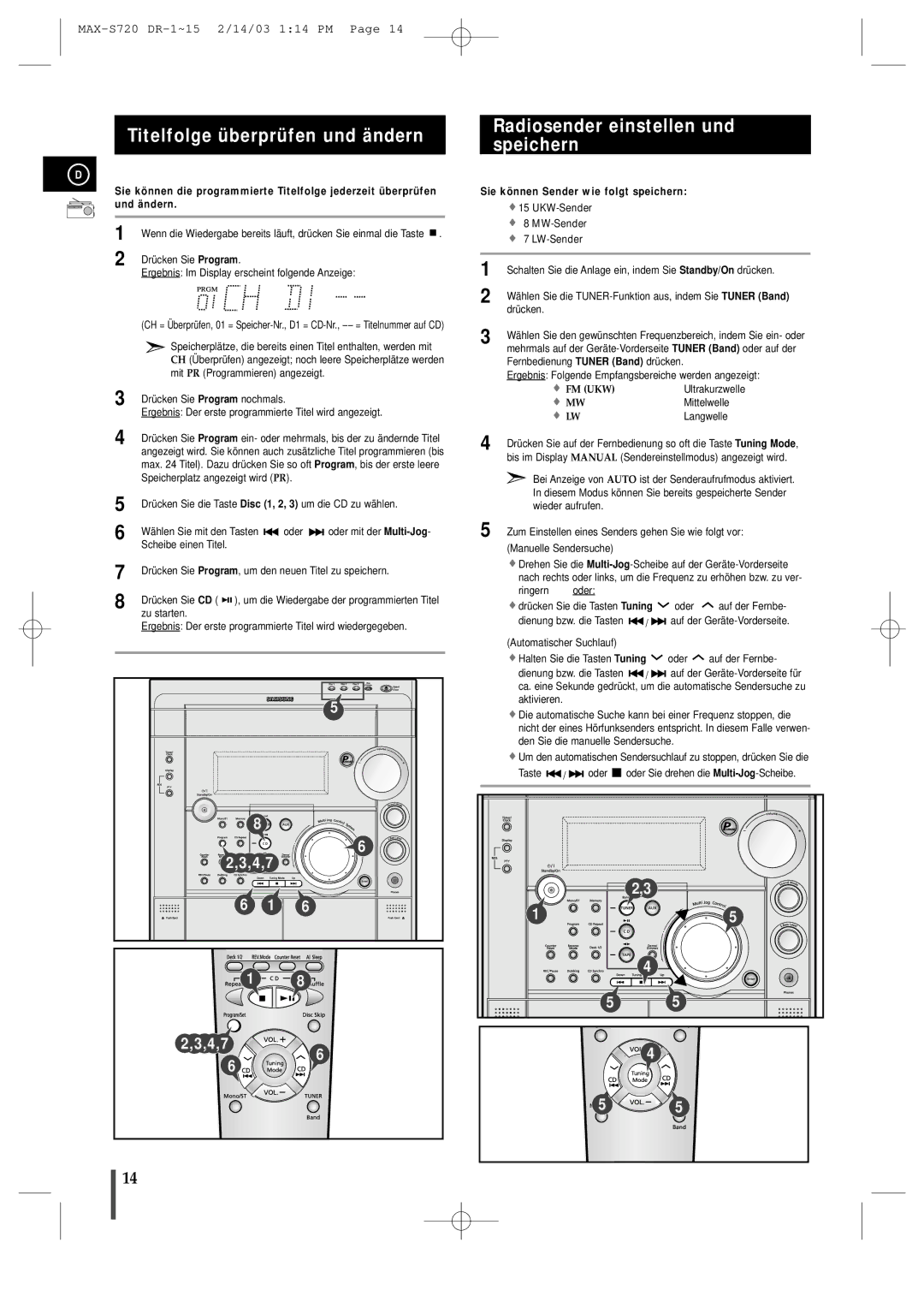 Samsung MAXS725RH/XEF manual Titelfolge überprüfen und ändern, Radiosender einstellen und speichern 