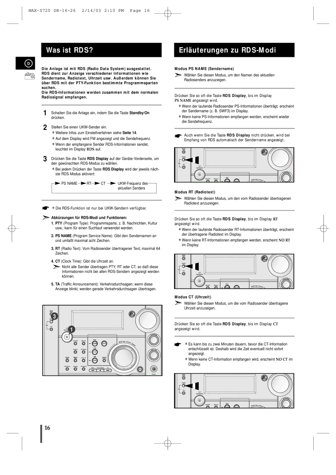 Samsung MAXS725RH/XEF manual Was ist RDS?, Erläuterungen zu RDS-Modi, Abkürzungen für RDS-Modi und Funktionen 