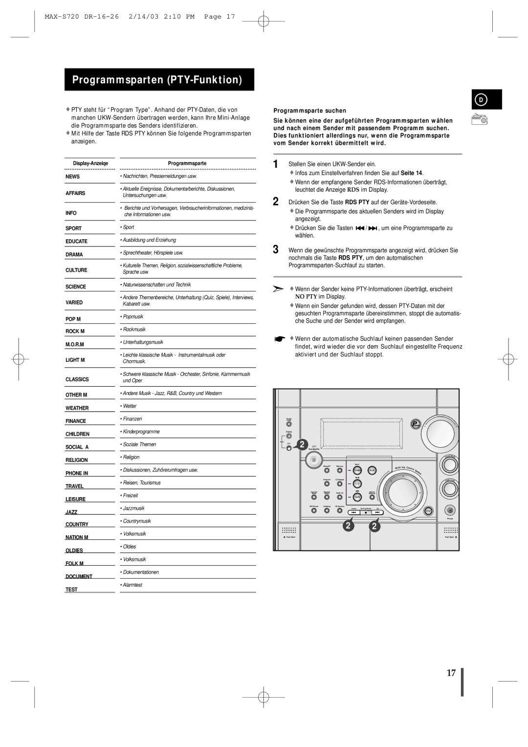 Samsung MAXS725RH/XEF manual Programmsparten PTY-Funktion 