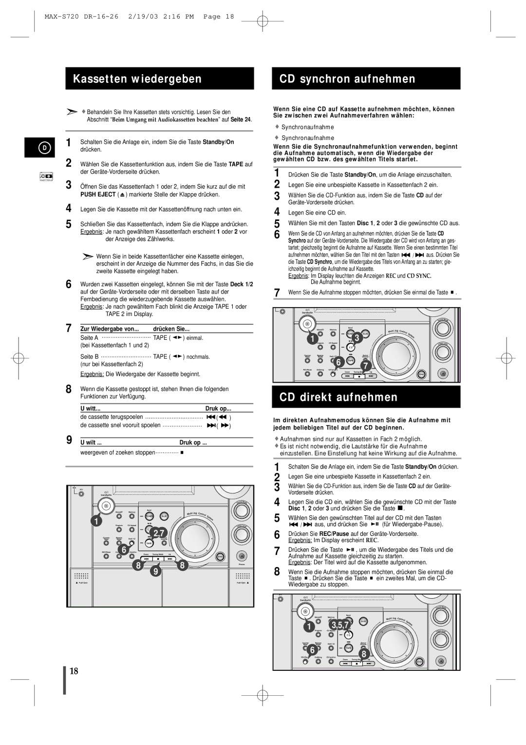 Samsung MAXS725RH/XEF Kassetten wiedergeben CD synchron aufnehmen, CD direkt aufnehmen, Zur Wiedergabe von Drücken Sie 