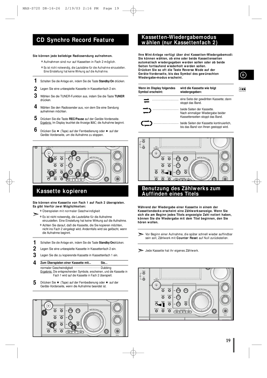 Samsung MAXS725RH/XEF CD Synchro Record Feature, Kassette kopieren, Kassetten-Wiedergabemodus wählen nur Kassettenfach 