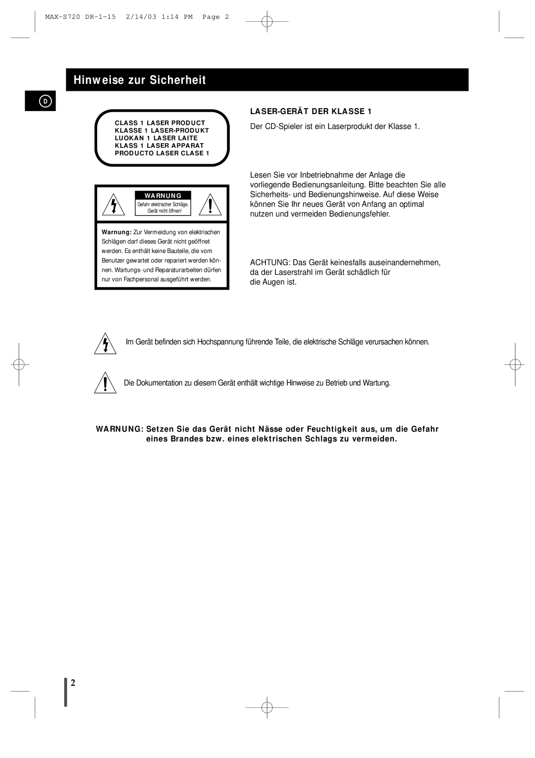 Samsung MAXS725RH/XEF manual Hinweise zur Sicherheit, Warnung 