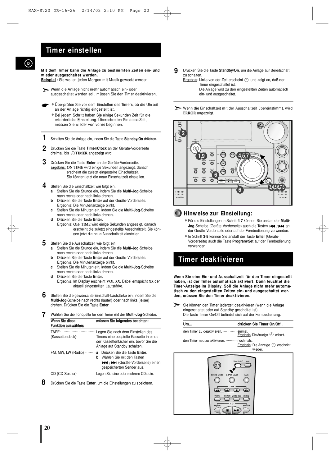 Samsung MAXS725RH/XEF manual Timer einstellen, Timer deaktivieren, Drü cken Sie Timer On/Off 