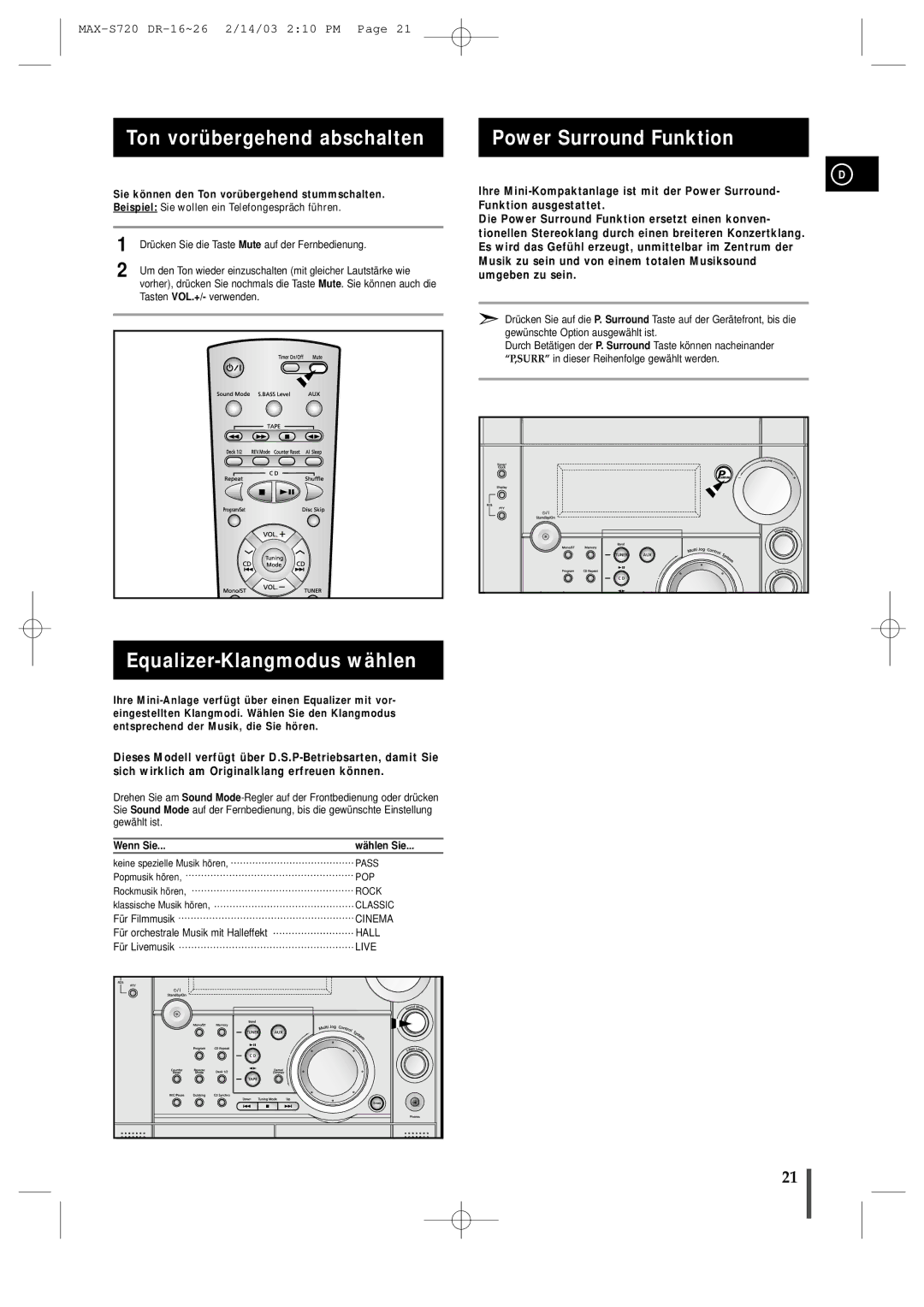 Samsung MAXS725RH/XEF manual Ton vorübergehend abschalten, Equalizer-Klangmodus wählen, Power Surround Funktion 