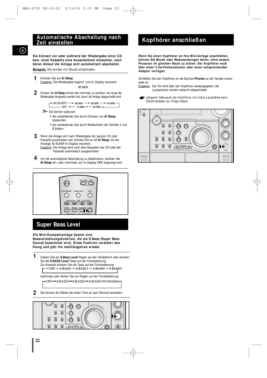 Samsung MAXS725RH/XEF manual Super Bass Level, Kopfhörer anschließen, Automatische Abschaltung nach Zeit einstellen 