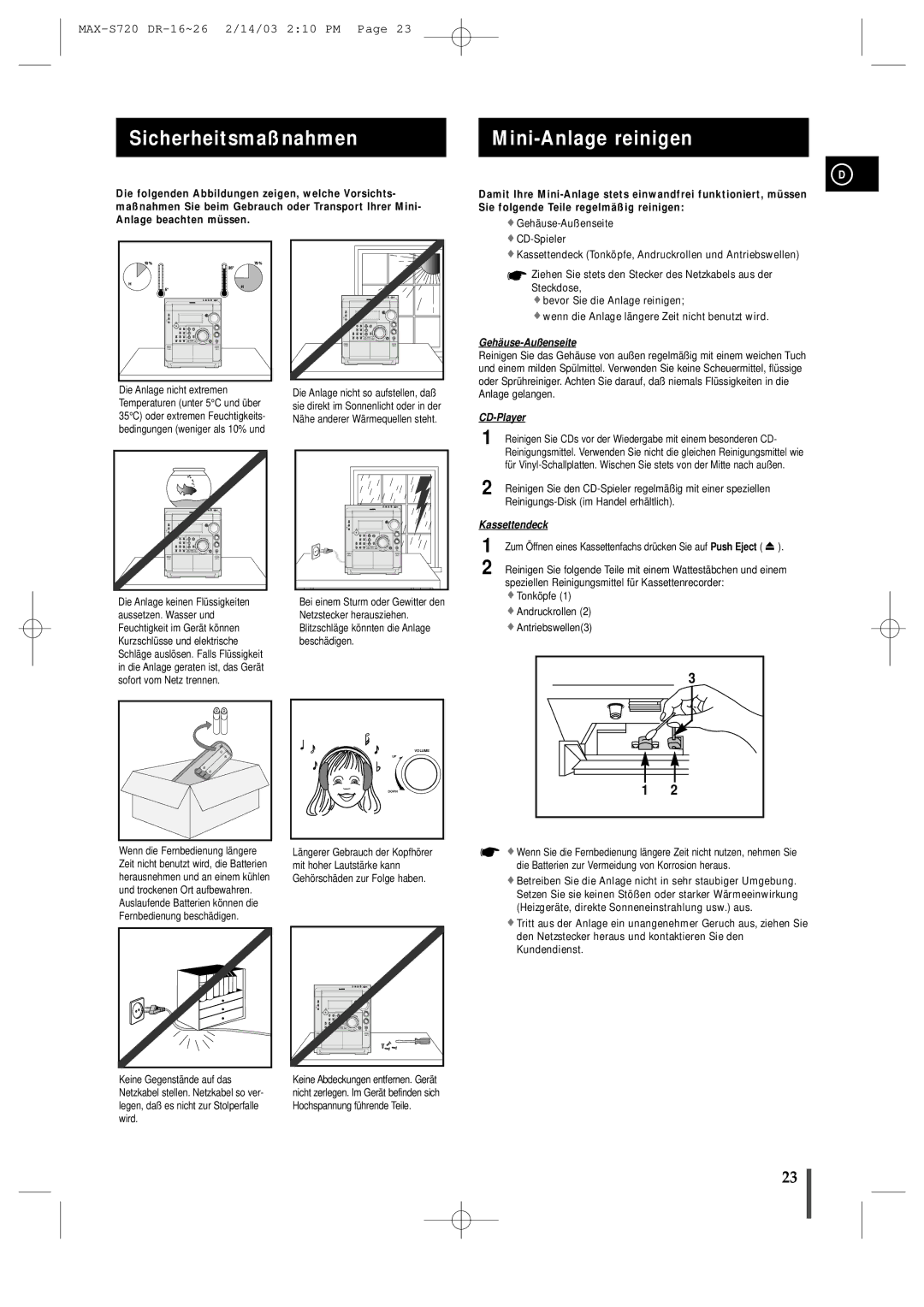 Samsung MAXS725RH/XEF manual Sicherheitsmaßnahmen Mini-Anlage reinigen 