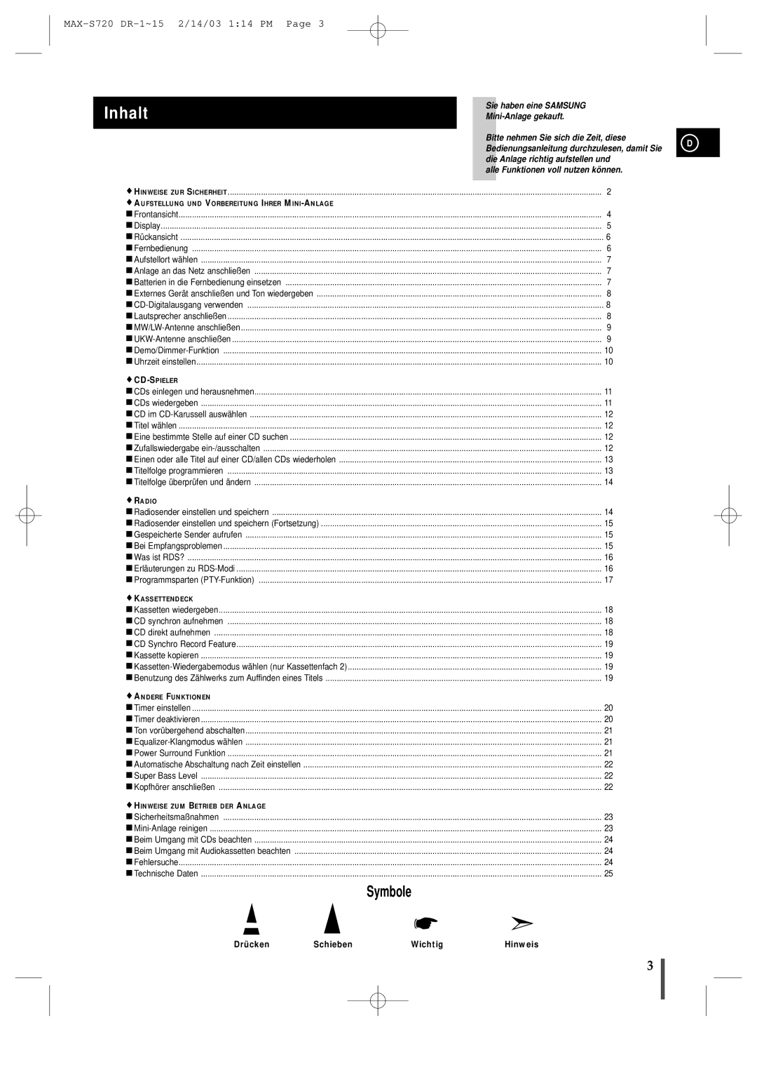 Samsung MAXS725RH/XEF manual Inhalt, Drücken Schieben Wichtig Hinweis 