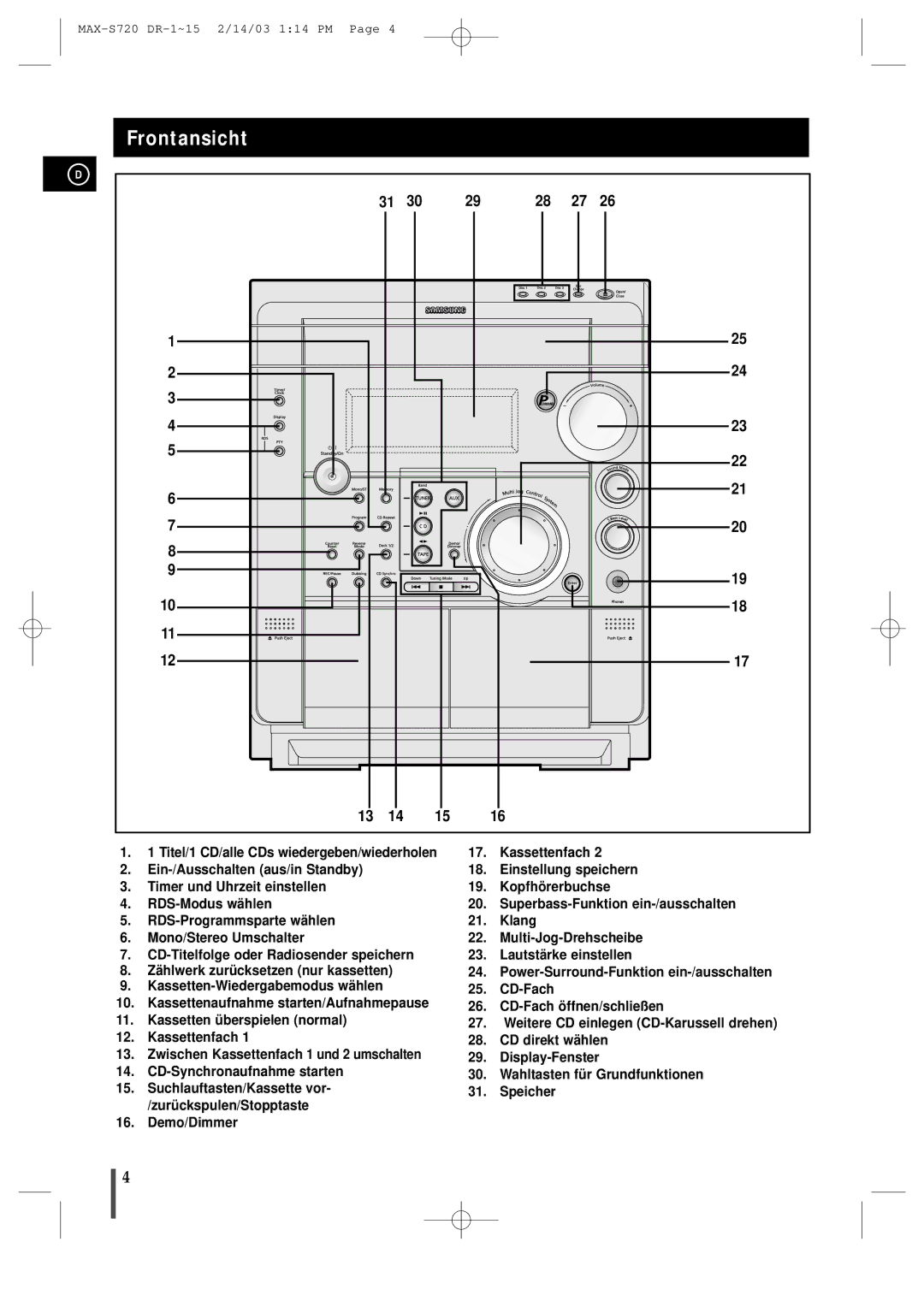 Samsung MAXS725RH/XEF manual Frontansicht 