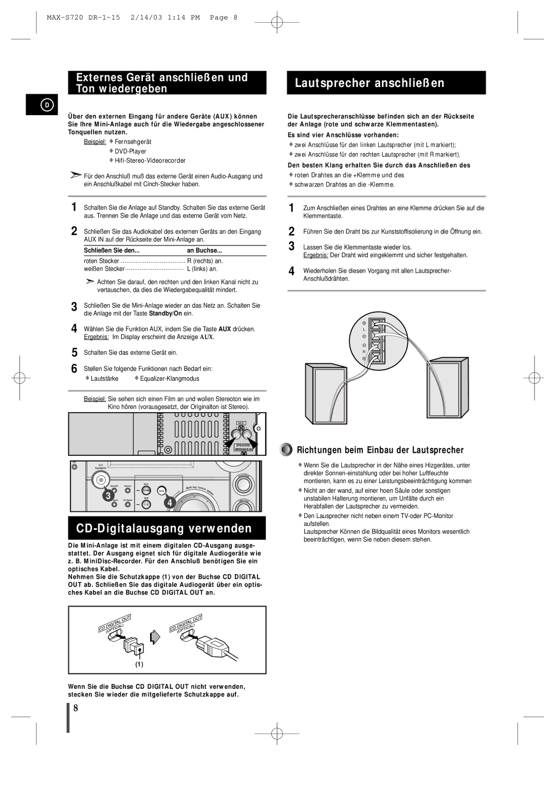 Samsung MAXS725RH/XEF manual Lautsprecher anschließen, CD-Digitalausgang verwenden, An Buchse 