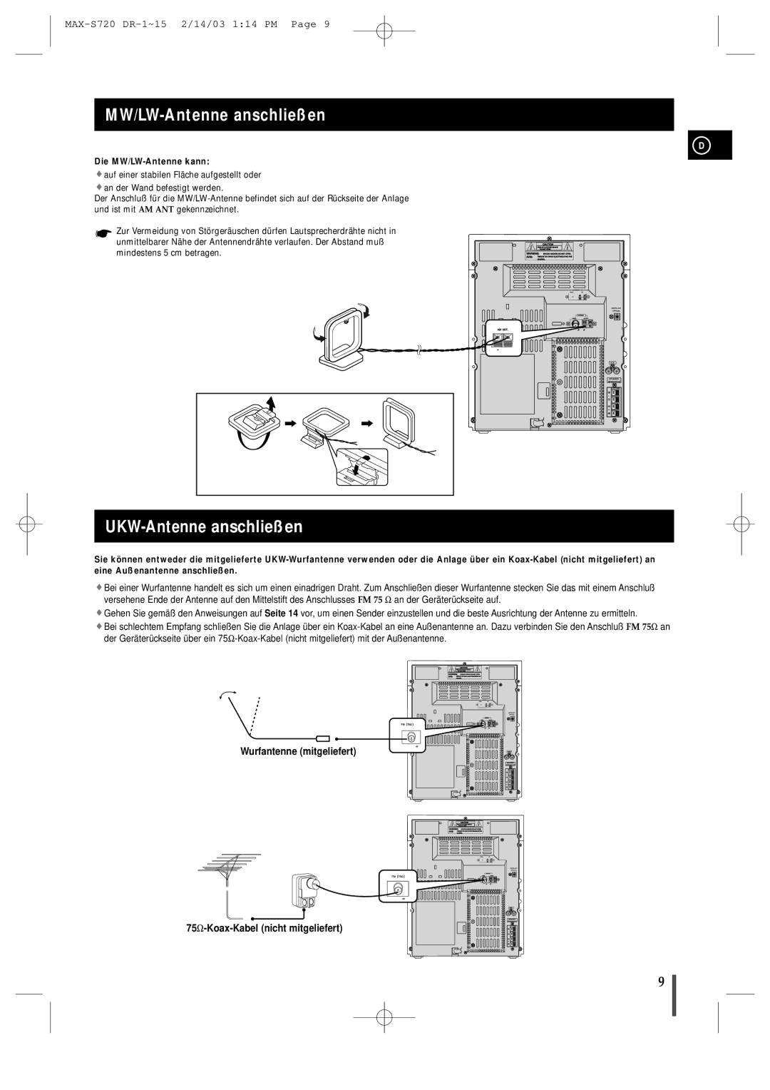 Samsung MAXS725RH/XEF manual MW/LW-Antenne anschließen, UKW-Antenne anschließen, Die MW/LW-Antenne kann 