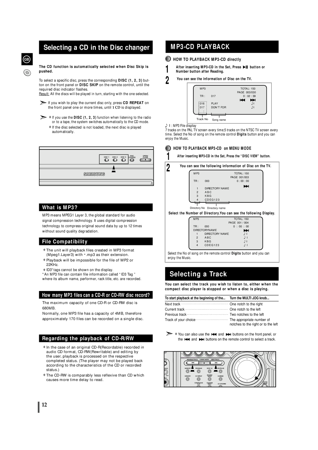 Samsung MAXVS940TH/ESN manual Selecting a CD in the Disc changer, Selecting a Track, HOW to Playback MP3-CD directly 