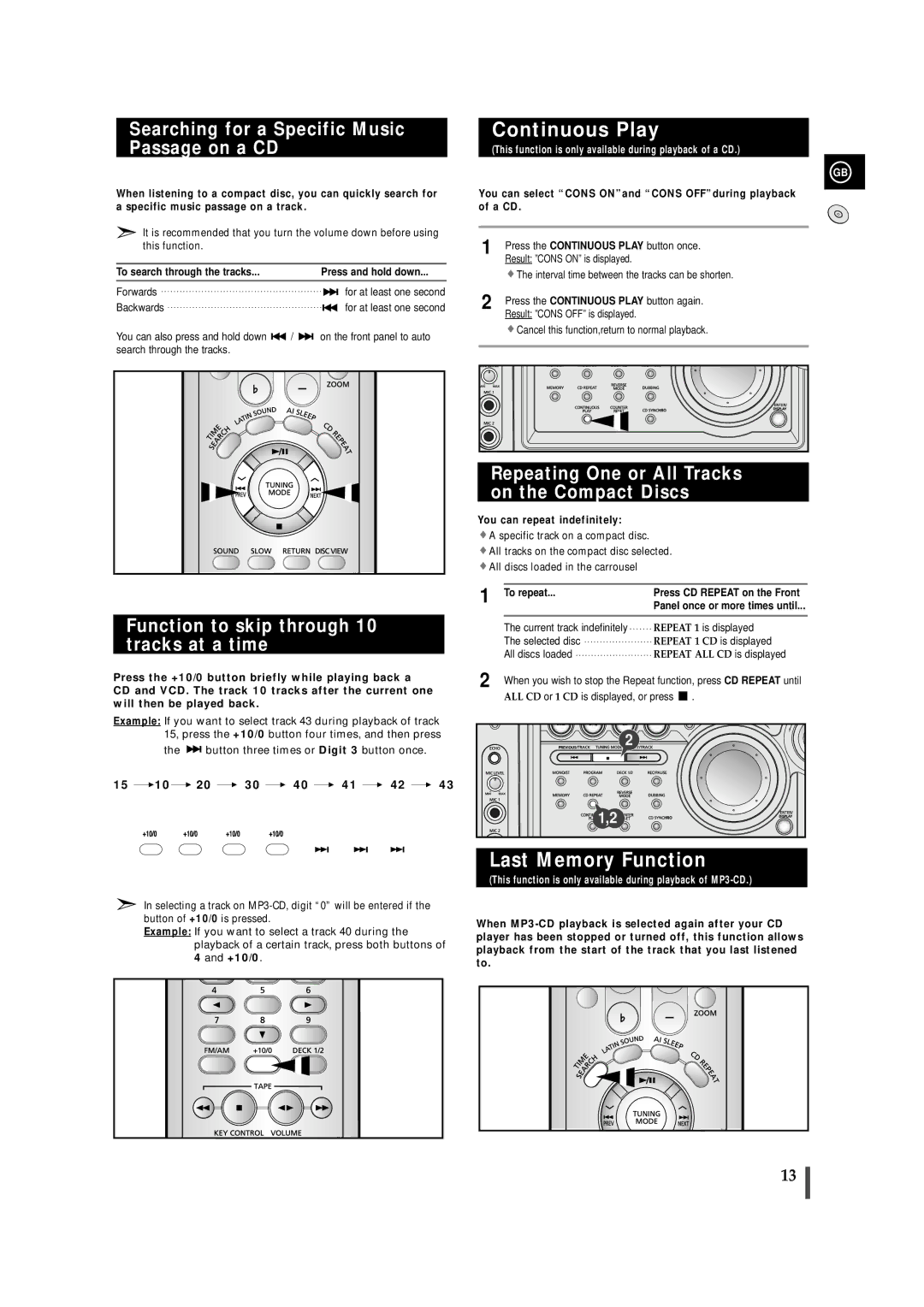 Samsung MAXVS940TH/ESN manual Continuous Play, Last Memory Function, Searching for a Specific Music Passage on a CD 