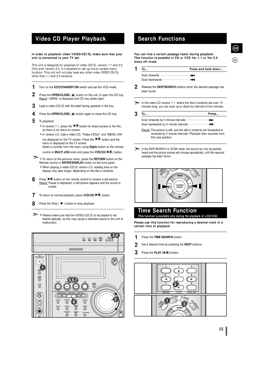 Samsung MAXVS940TH/ESN manual Video CD Player Playback, Search Functions, Time Search Function 