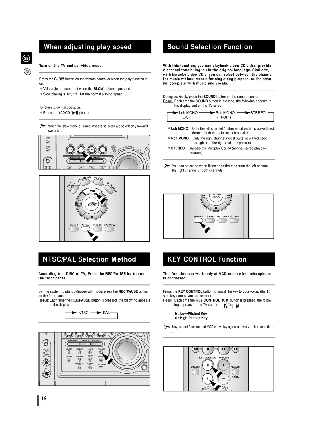 Samsung MAXVS940TH/ESN When adjusting play speed, Sound Selection Function, NTSC/PAL Selection Method KEY Control Function 