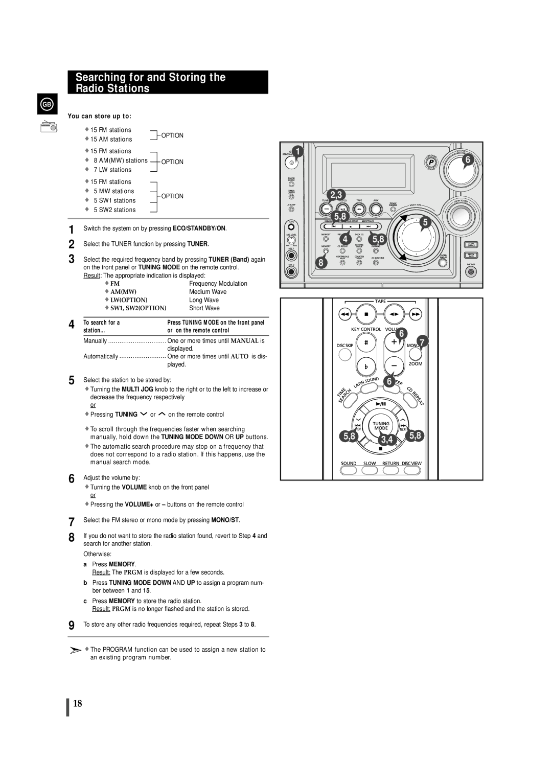 Samsung MAXVS940TH/ESN Searching for and Storing the Radio Stations, You can store up to, To search for a, Press Memory 