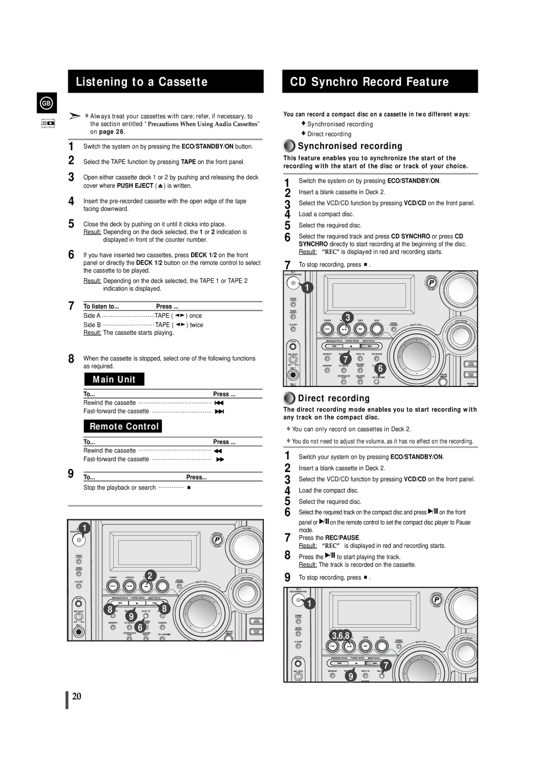 Samsung MAXVS940TH/ESN manual Listening to a Cassette, CD Synchro Record Feature 