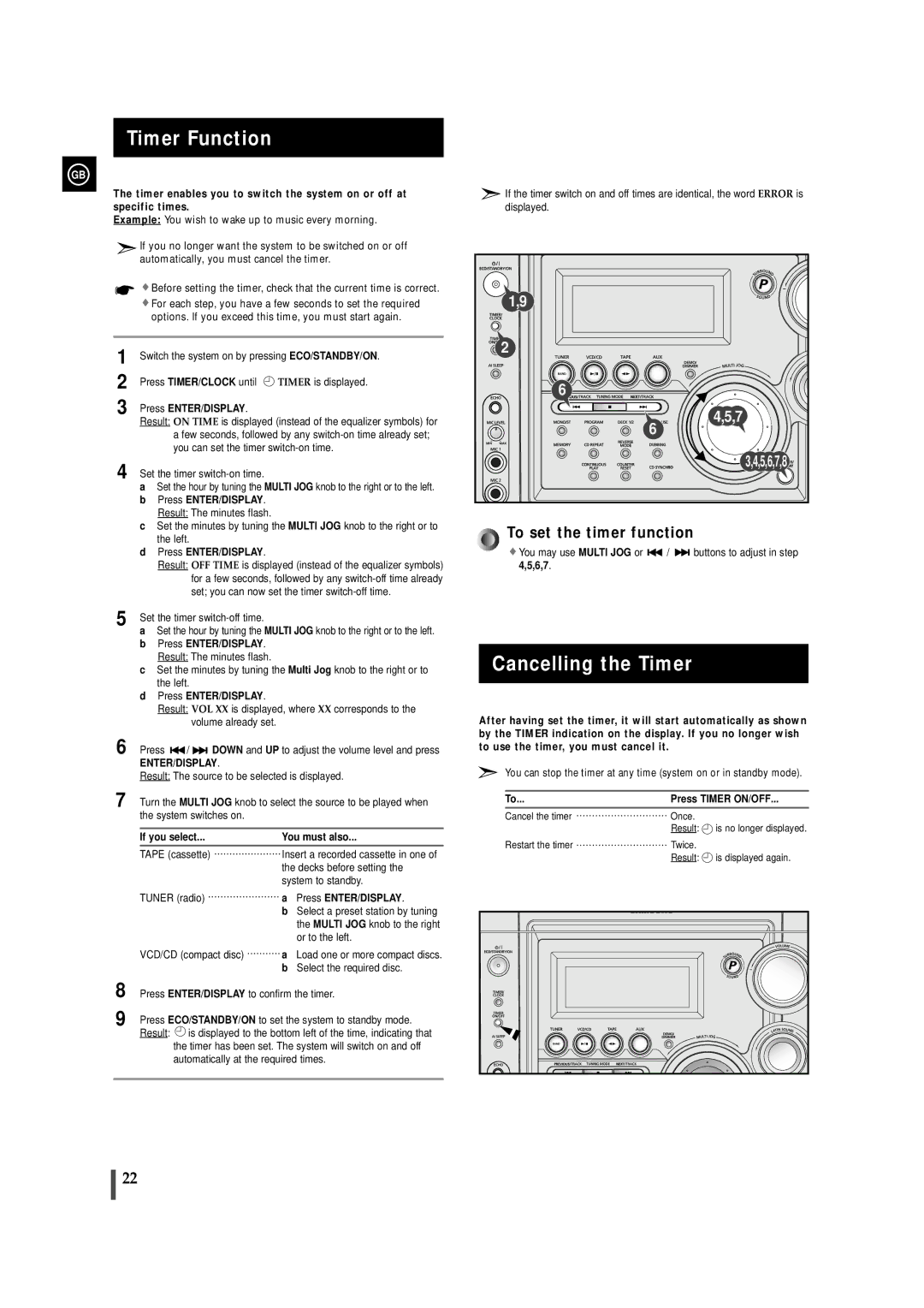 Samsung MAXVS940TH/ESN manual Timer Function, Cancelling the Timer, Press TIMER/CLOCK until, If you select You must also 