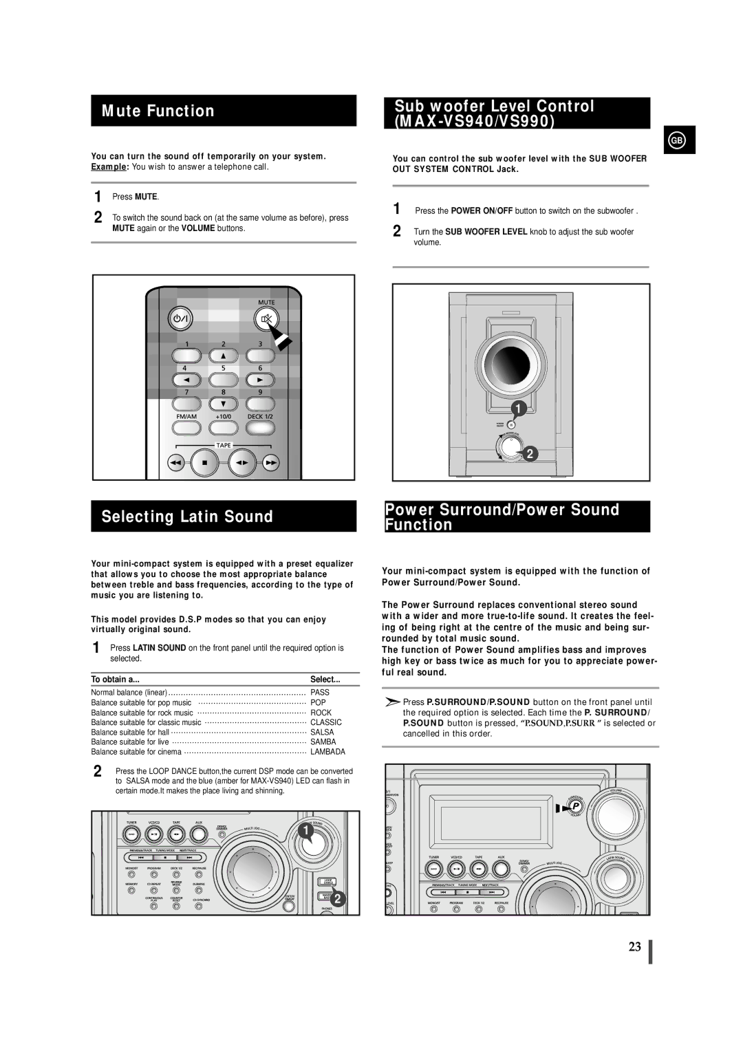 Samsung MAXVS940TH/ESN manual Mute Function, Sub woofer Level Control MAX-VS940/VS990, To obtain a Select 