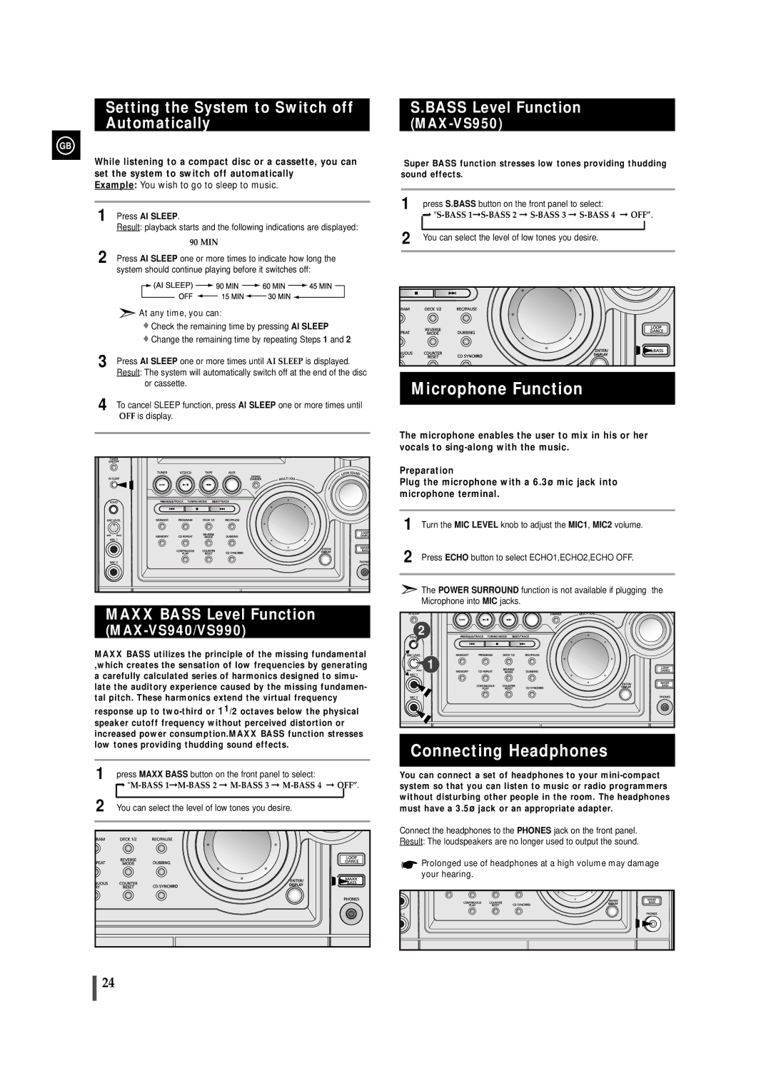 Samsung MAXVS940TH/ESN manual Microphone Function, Connecting Headphones, Setting the System to Switch off Automatically 