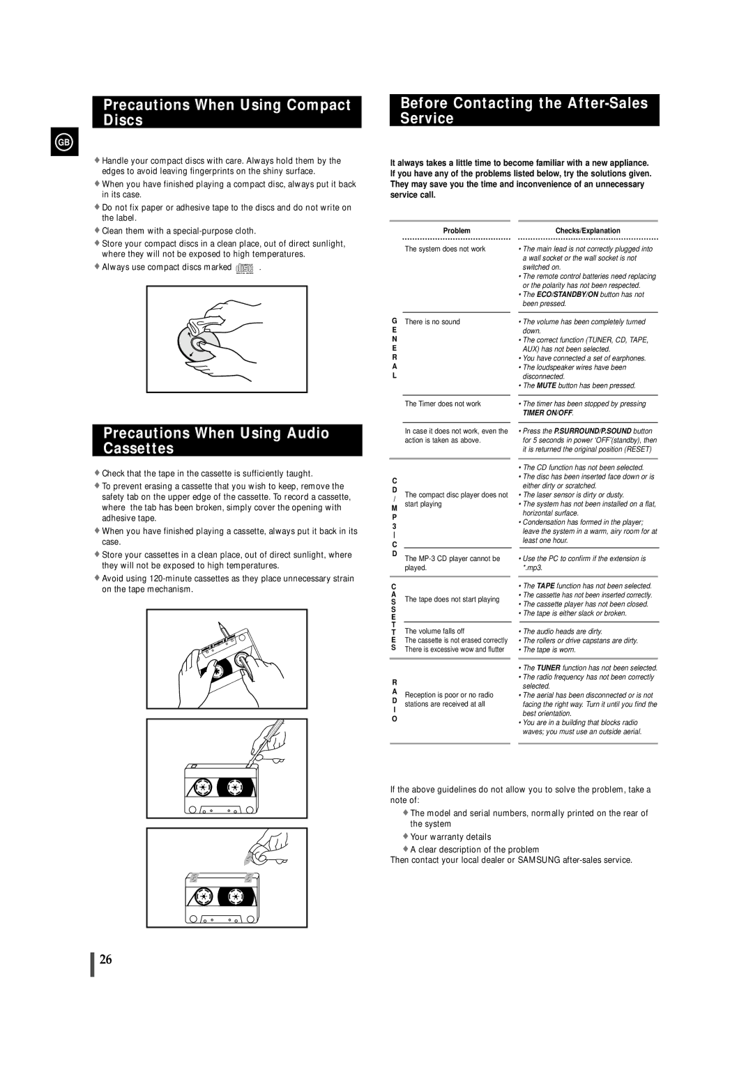 Samsung MAXVS940TH/ESN manual Precautions When Using Compact Discs, Before Contacting the After-Sales Service 