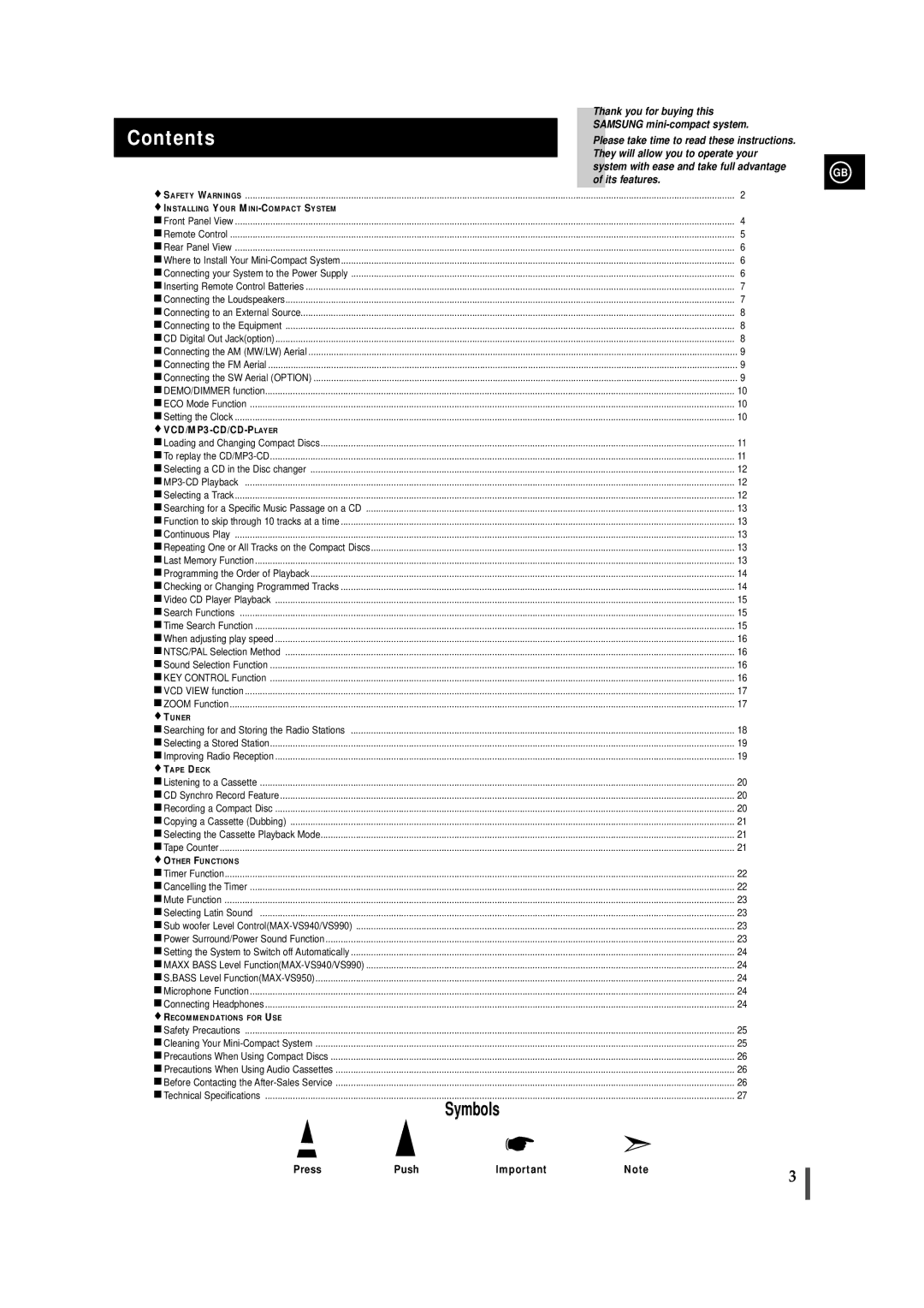 Samsung MAXVS940TH/ESN manual Contents 