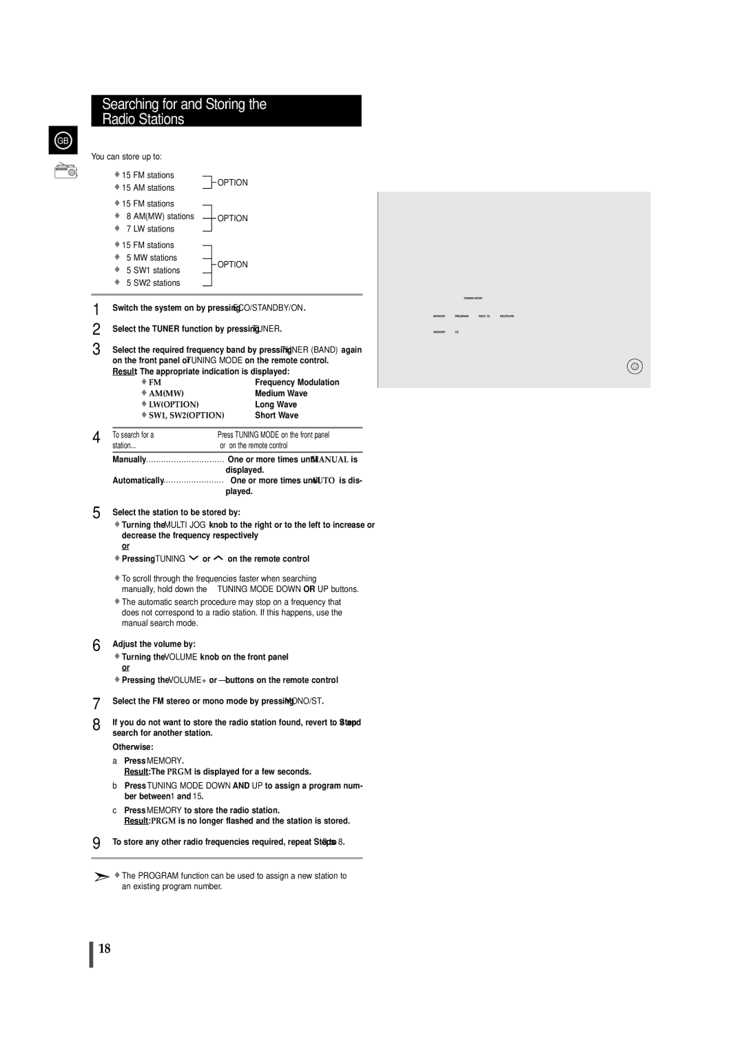 Samsung MAXVS950TH/ESN manual Searching for and Storing Radio Stations, You can store up to, To search for a, Press Memory 