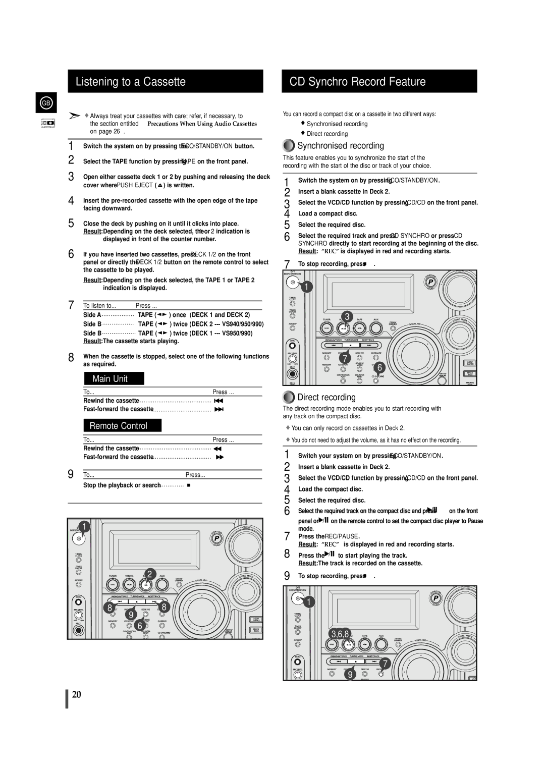 Samsung MAXVS950TH/ESN manual Listening to a Cassette, CD Synchro Record Feature 