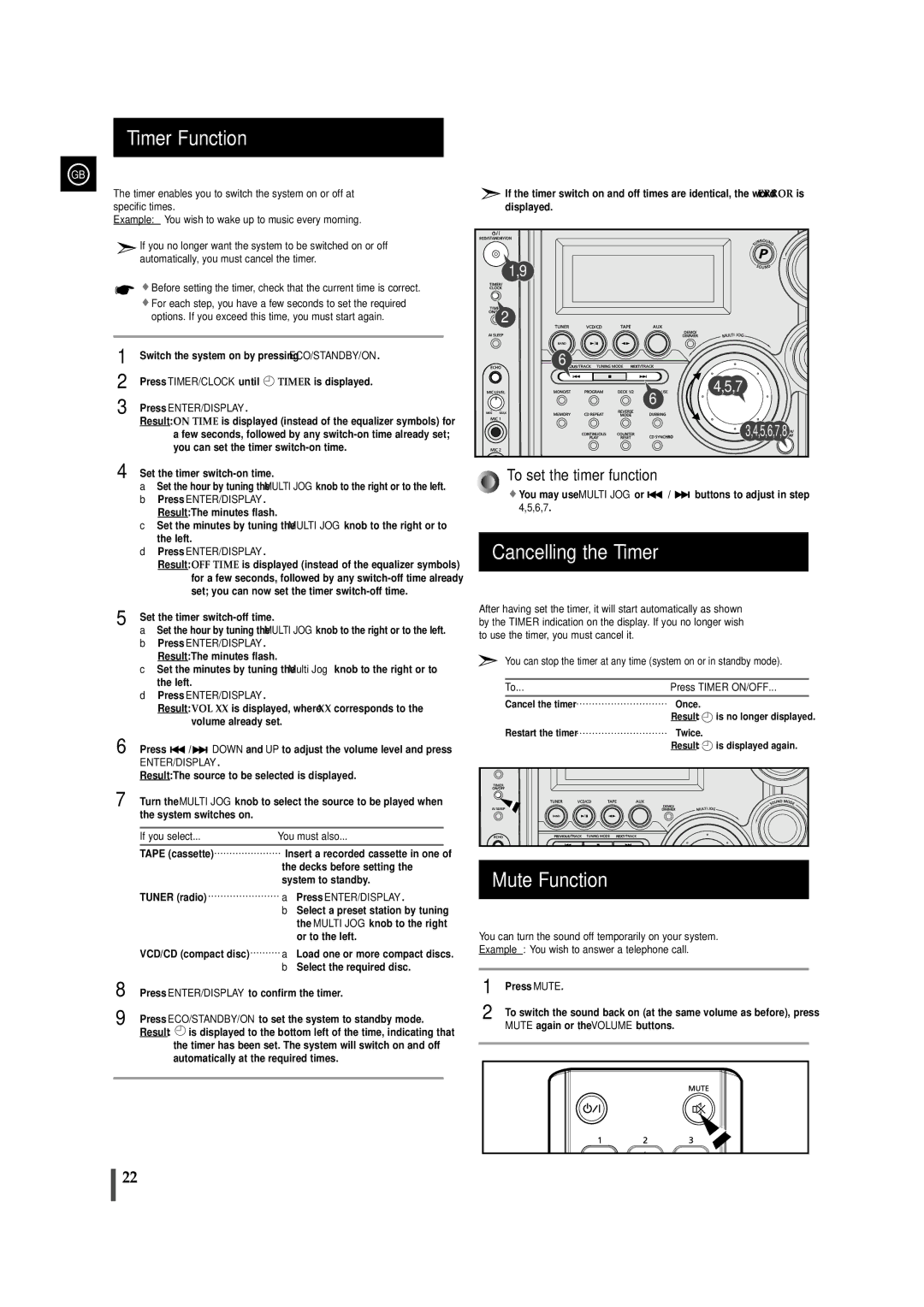 Samsung MAXVS950TH/ESN manual Timer Function, Cancelling the Timer, Mute Function 