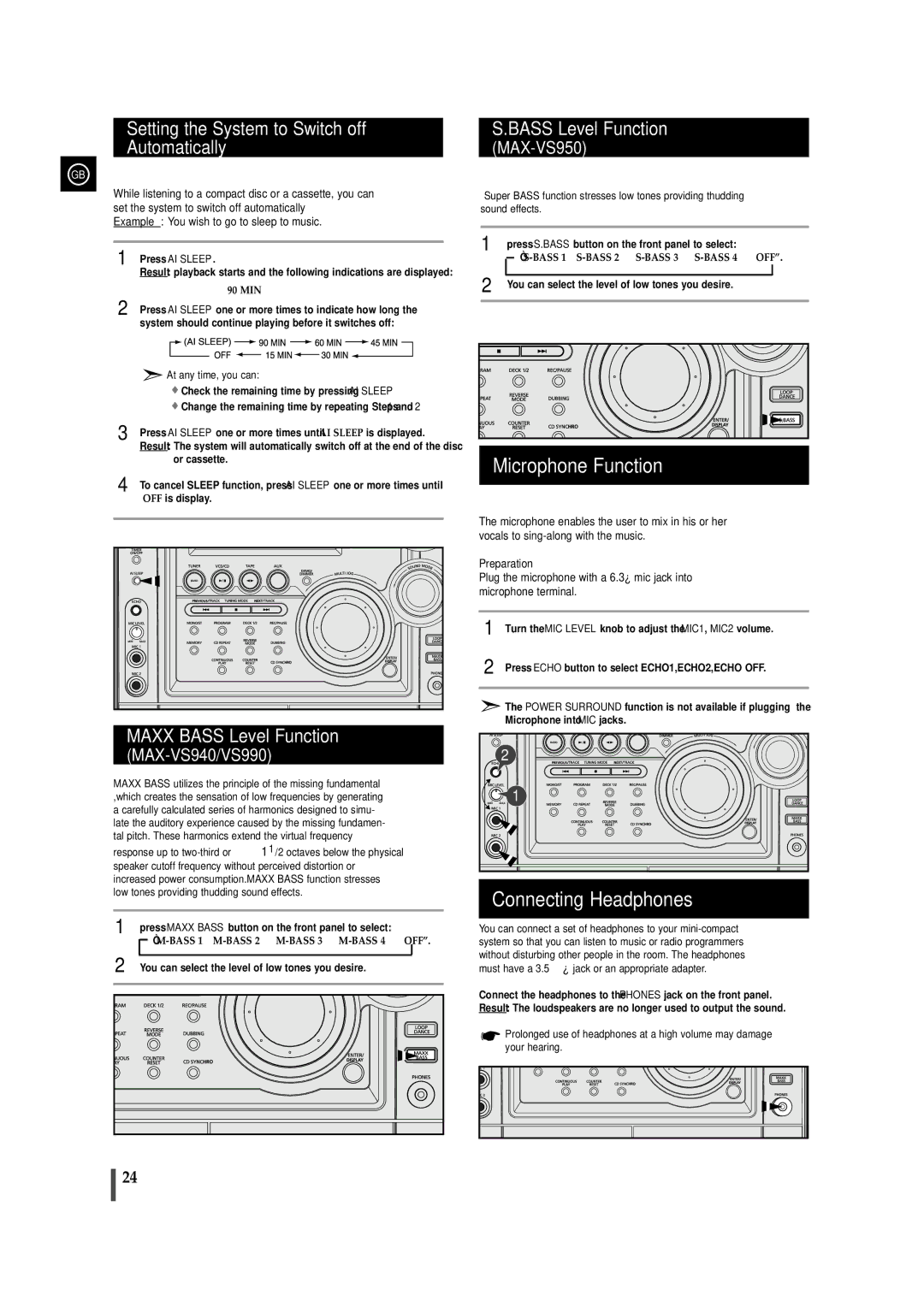 Samsung MAXVS950TH/ESN manual Microphone Function, Connecting Headphones, Setting the System to Switch off Automatically 