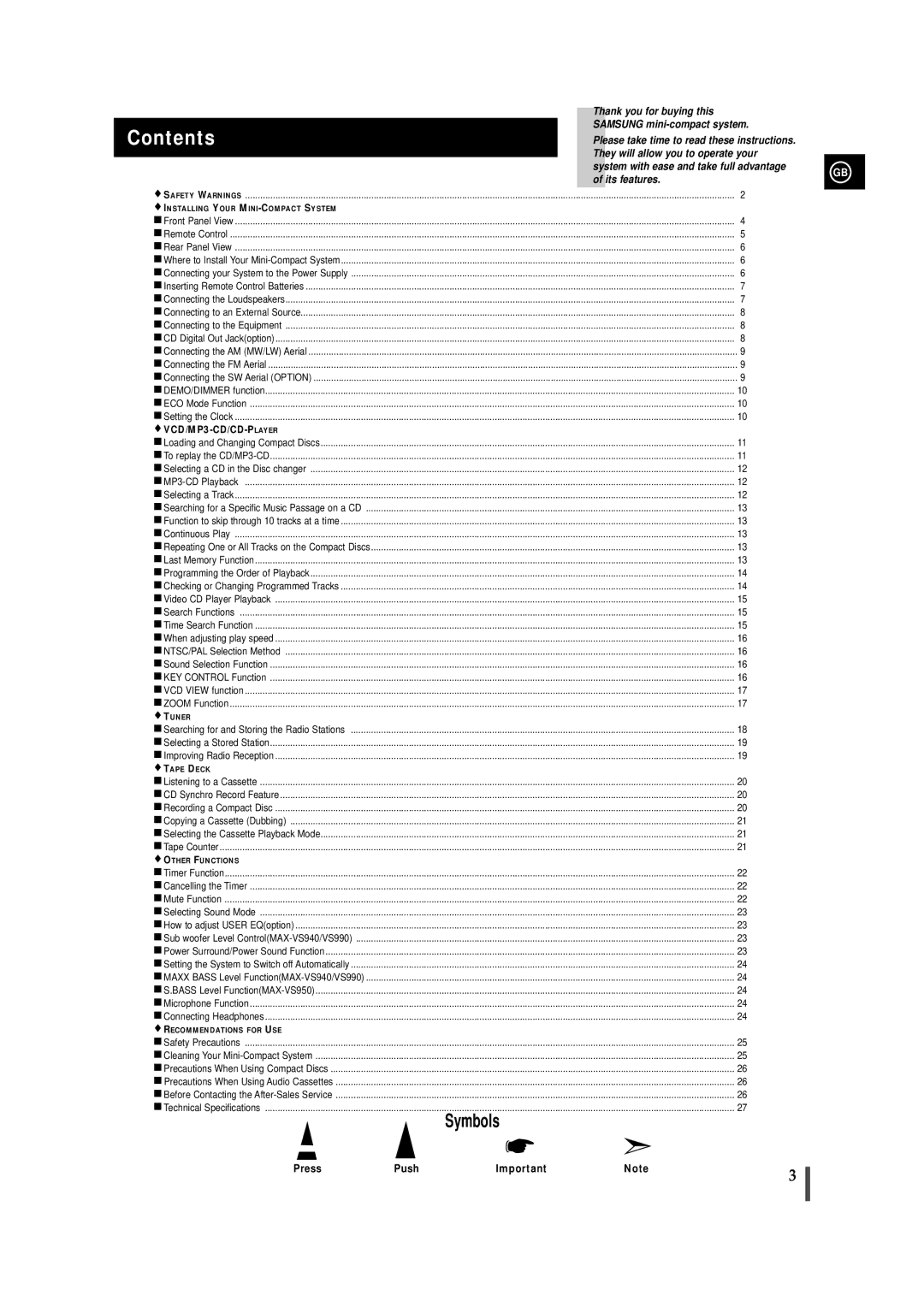 Samsung MAXVS950TH/ESN manual Contents 