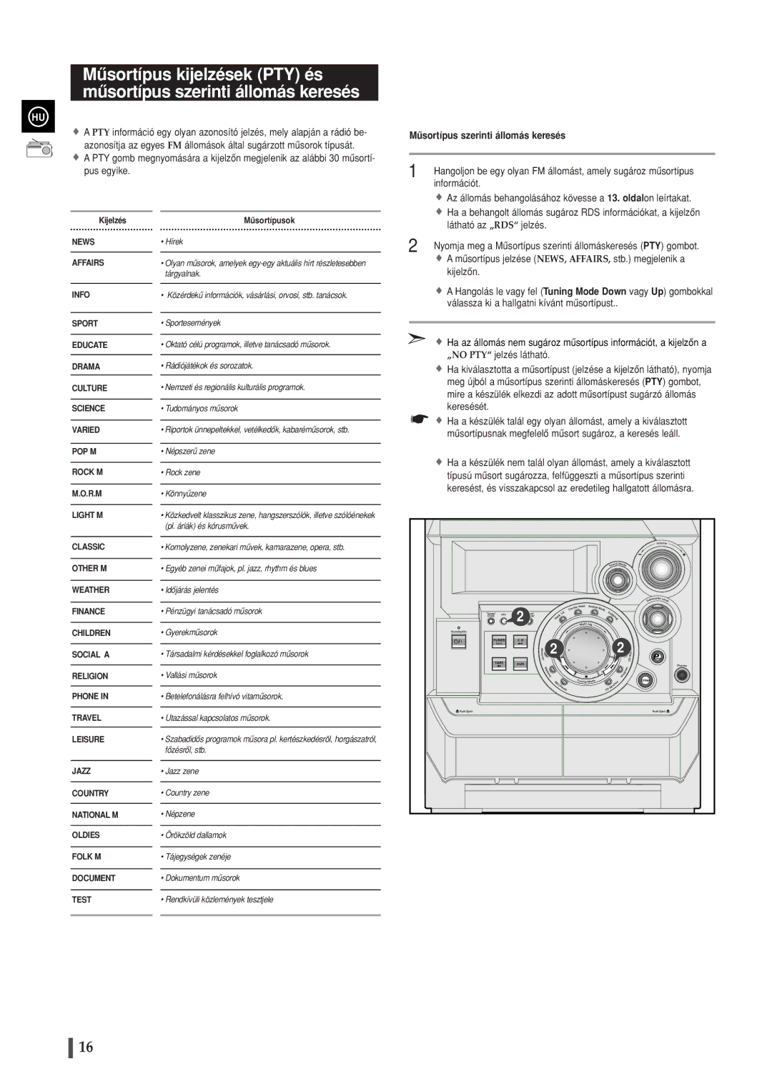 Samsung MAXWB630RH/ELS Mûsortípus szerinti állomás keresés, Információt, Látható az ãRDSÒ jelzés, ÃNO Ptyò jelzés látható 