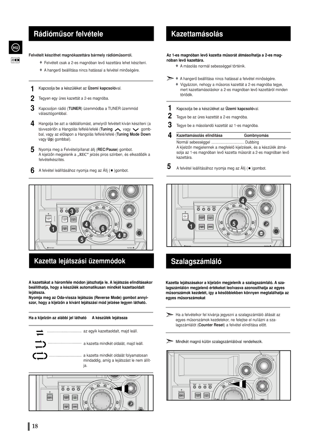 Samsung MAXWB630RH/ELS manual Rádiómûsor felvétele, Kazettamásolás, Szalagszámláló, Kazetta lejátszási üzemmódok 