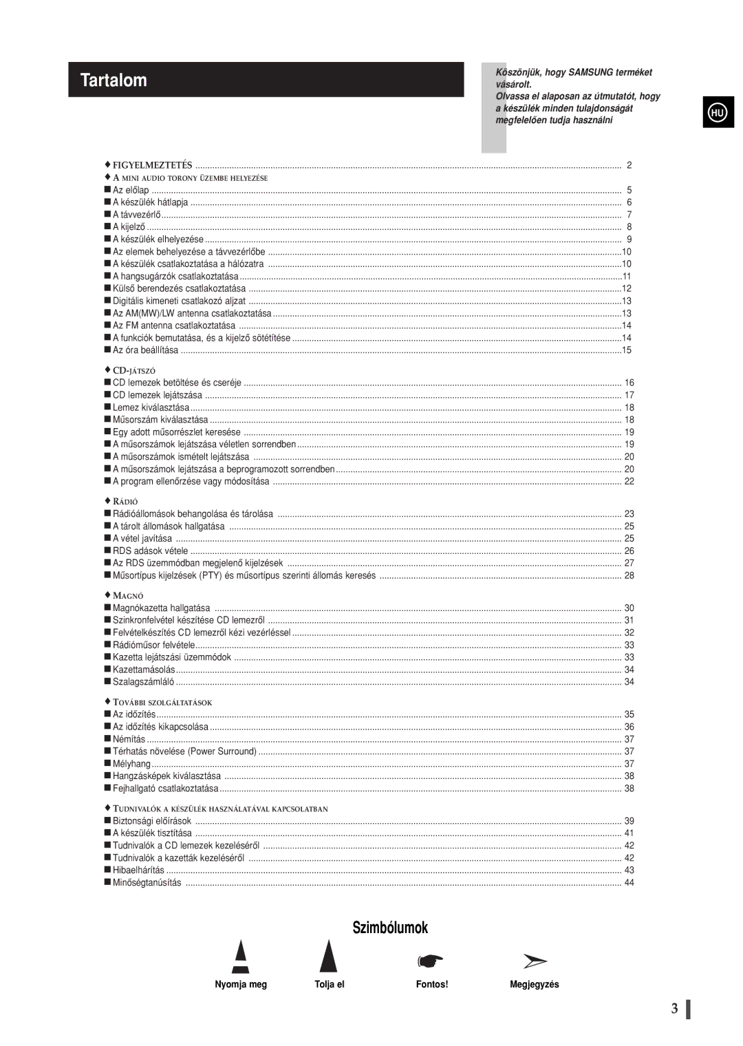 Samsung MAXWB630RH/ELS manual Tartalom, Nyomja meg Tolja el Fontos 