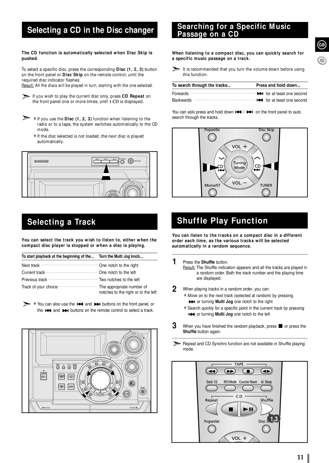 Samsung MAXWB650RH/ELS manual Selecting a CD in the Disc changer, Selecting a Track, Shuffle Play Function 