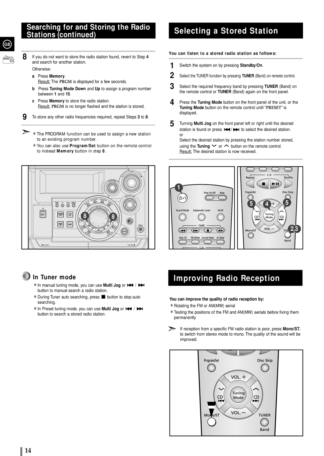 Samsung MAXWB650RH/ELS manual Selecting a Stored Station, Improving Radio Reception, Tuner mode 