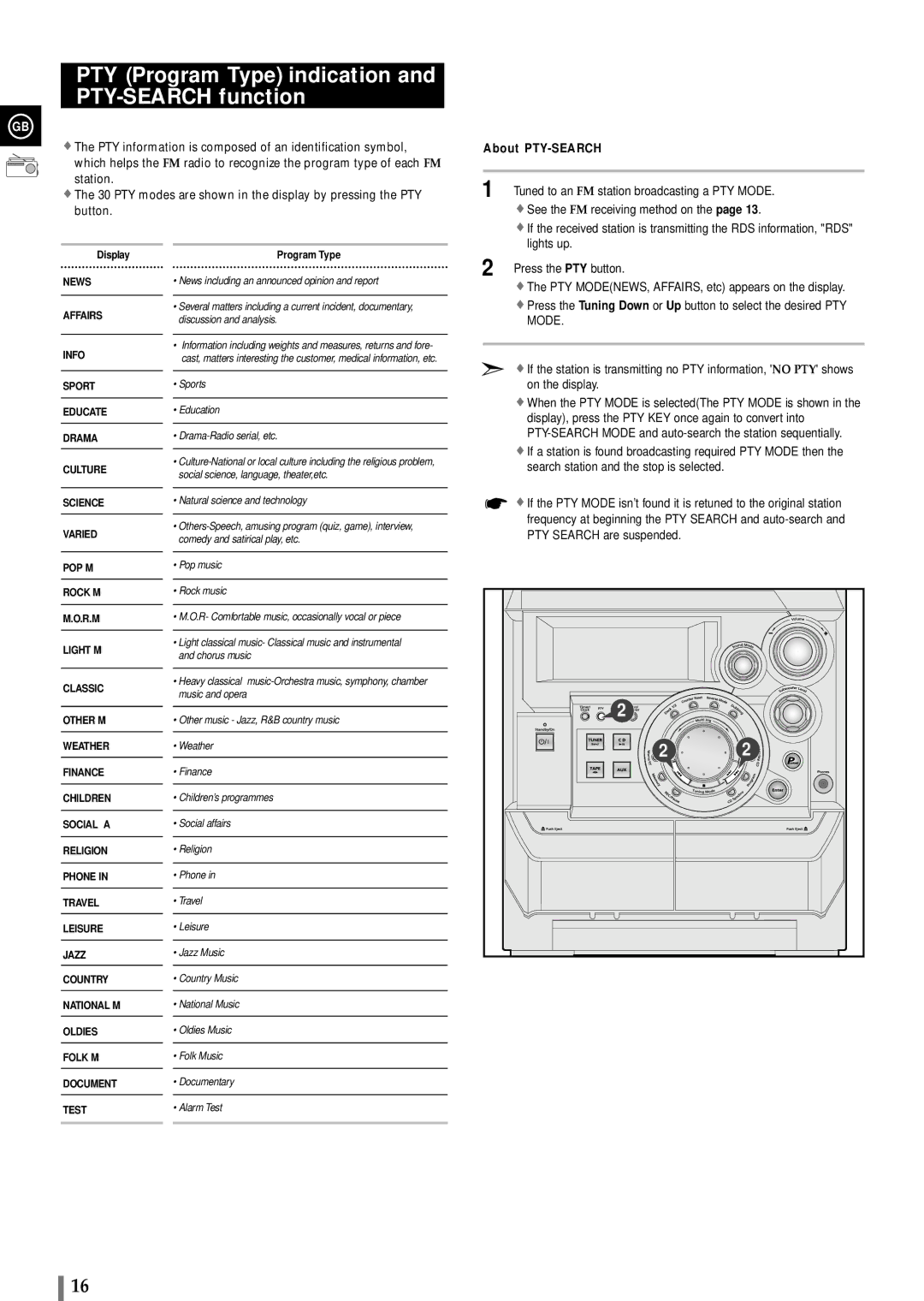 Samsung MAXWB650RH/ELS manual PTY Program Type indication and PTY-SEARCH function, About PTY-SEARCH 