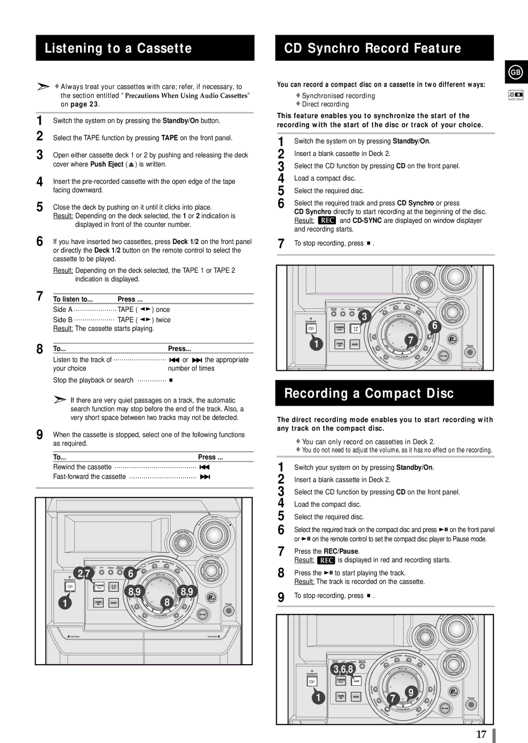 Samsung MAXWB650RH/ELS manual Listening to a Cassette, CD Synchro Record Feature, Recording a Compact Disc 