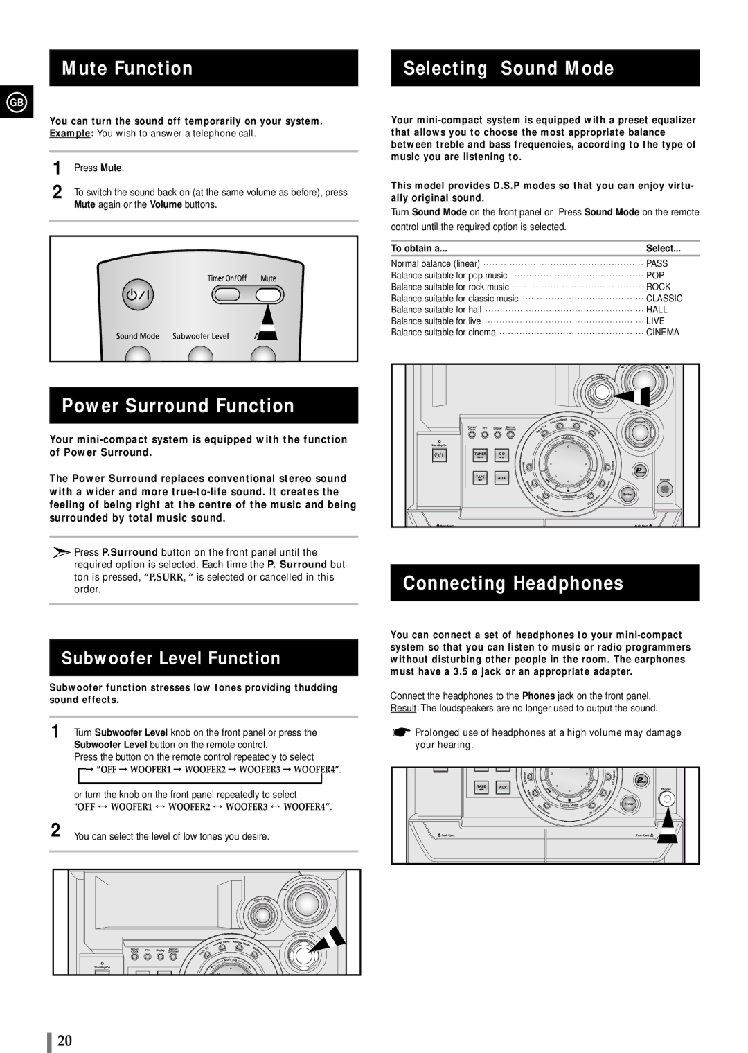 Samsung MAXWB650RH/ELS manual Mute Function, Selecting Sound Mode, Power Surround Function, Connecting Headphones 