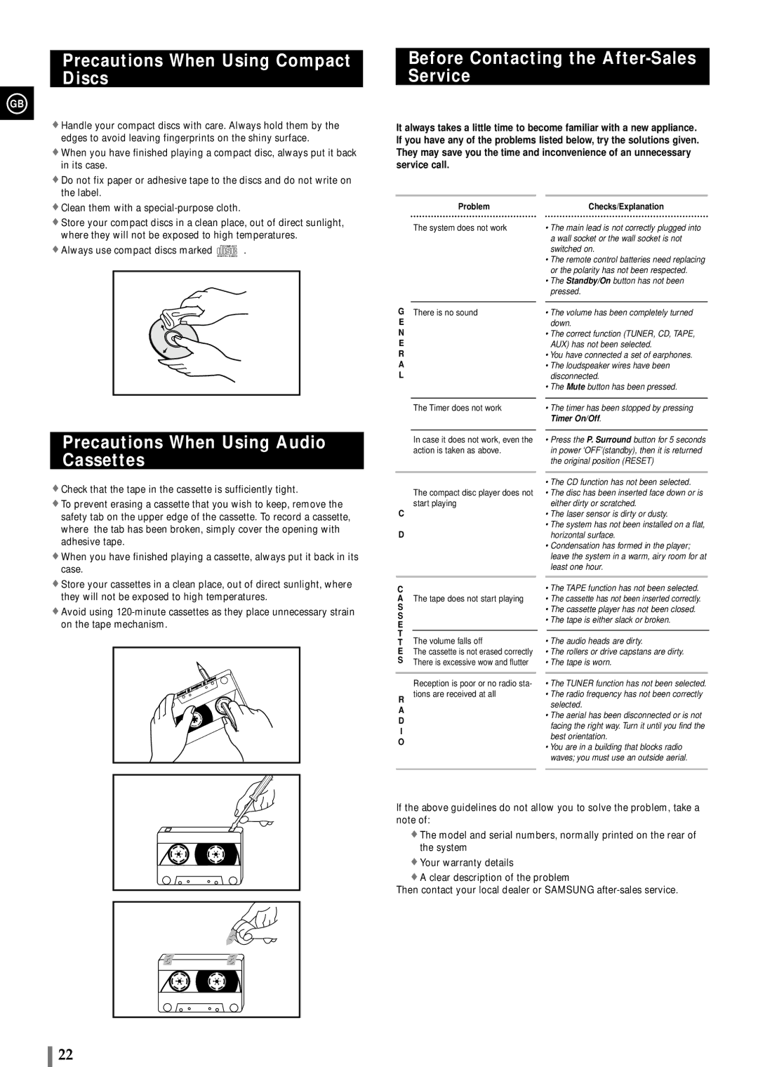 Samsung MAXWB650RH/ELS manual Precautions When Using Compact Discs, Before Contacting the After-Sales Service 