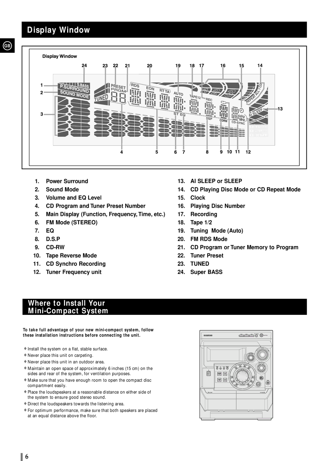 Samsung MAXWB650RH/ELS manual Display Window, Where to Install Your Mini-Compact System 