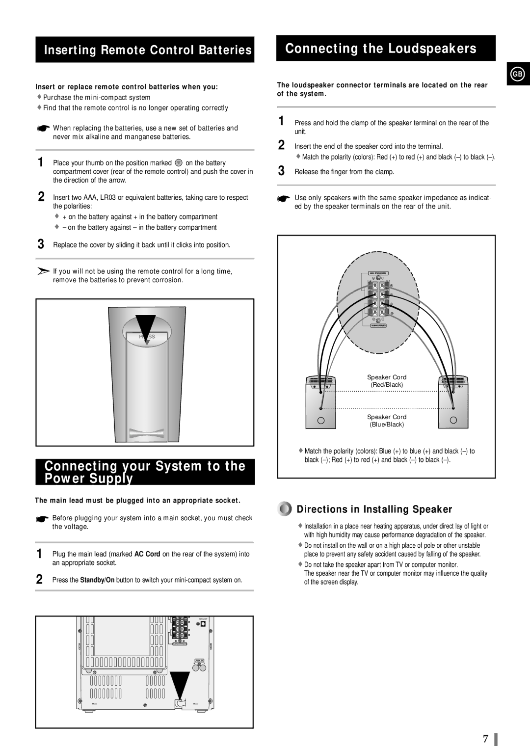 Samsung MAXWB650RH/ELS manual Connecting your System to the Power Supply, Connecting the Loudspeakers 