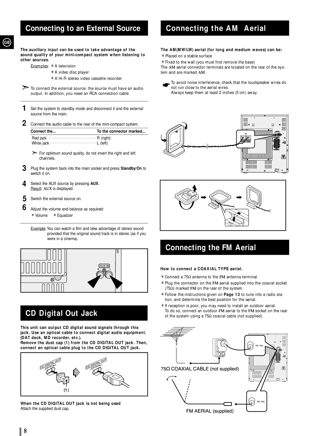 Samsung MAXWB650RH/ELS manual Connecting to an External Source, CD Digital Out Jack, Connecting the AM Aerial 