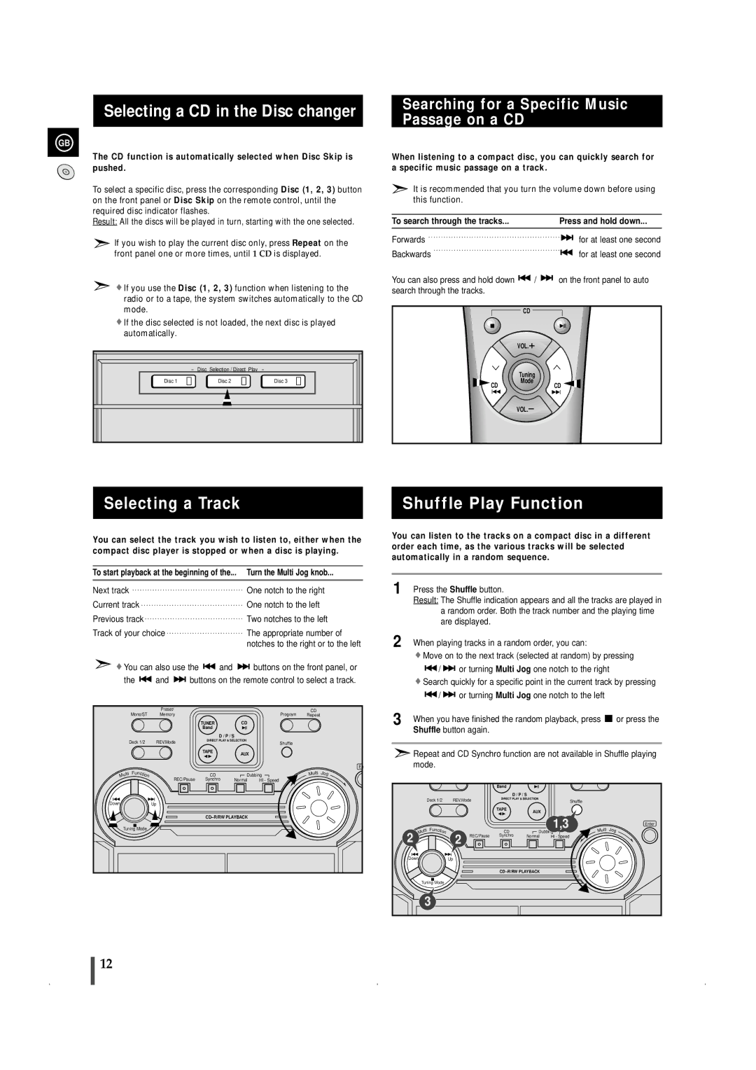 Samsung MAXWL69QH/XFO manual Selecting a CD in the Disc changer, Selecting a Track, Shuffle Play Function 