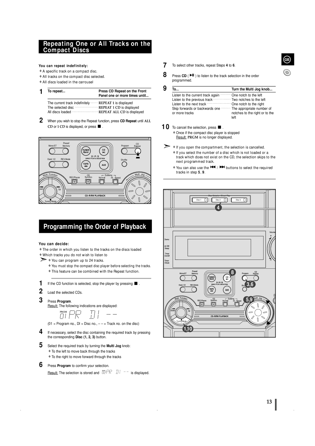 Samsung MAXWL69QH/XFO manual Programming the Order of Playback, Repeating One or All Tracks on the Compact Discs, To repeat 