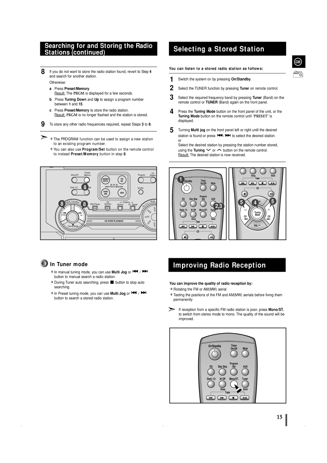 Samsung MAXWL69QH/XFO manual Selecting a Stored Station, Improving Radio Reception, Press Preset/Memory 